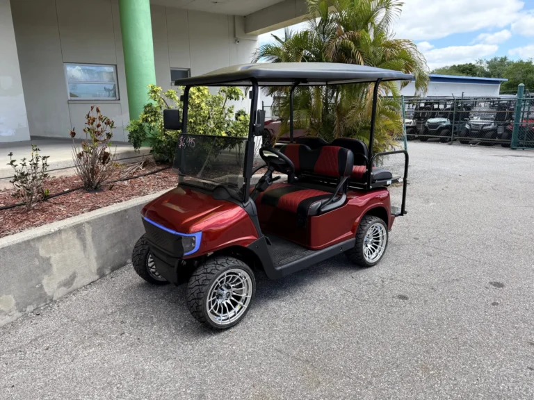 2020 E-Z-GO Freedom RXV Elite APEX Lithium 4 Passenger Golf Cart (Sky Blue, Red/Black Seats) at Oxford Golf Cars